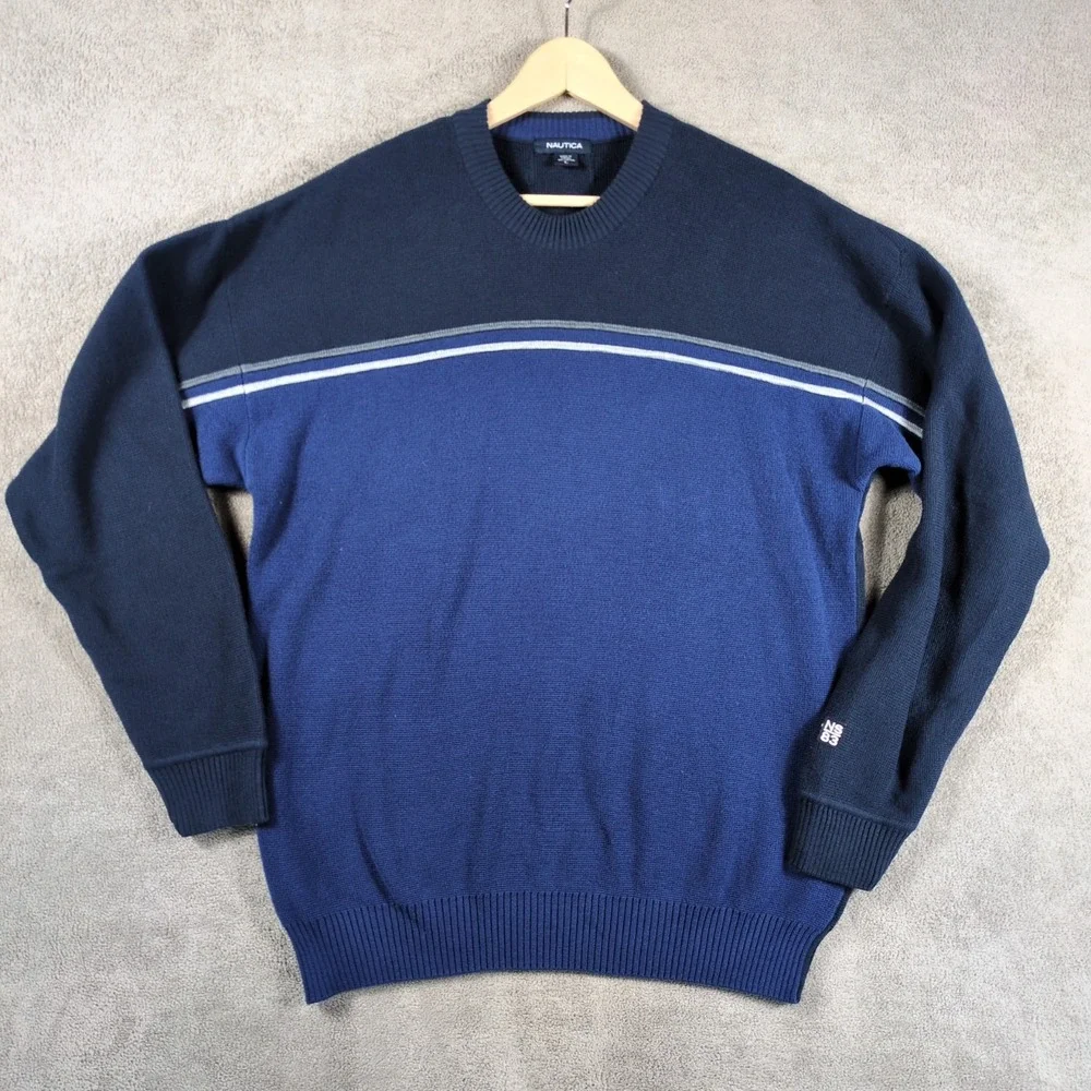 Nautica Sweater‎ Mens Large Navy Blue Knit Cotton Crew Neck Classic Grandpacore